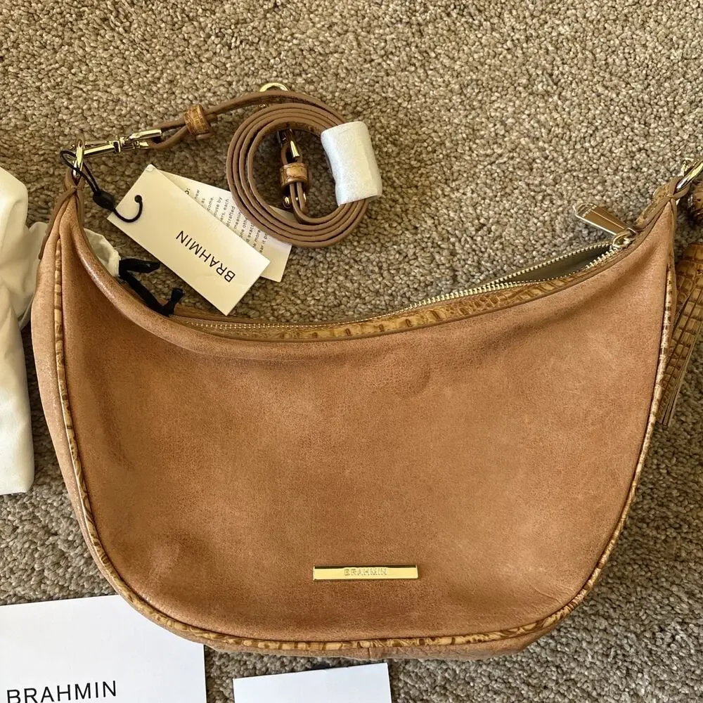 Brahmin Percy Tan Adrift Crescent‎ Crossbody Medium Handbag Leather Gold NWT